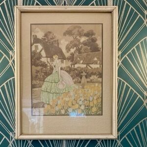 Antique Hand Painted Art Nouveau French Fashion Pochoir Lithograph Custom Frame